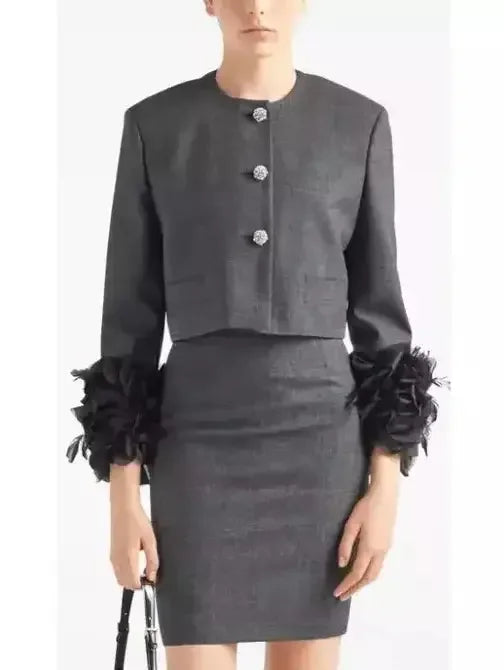 Feather Trimmed Single-Breasted Jacket