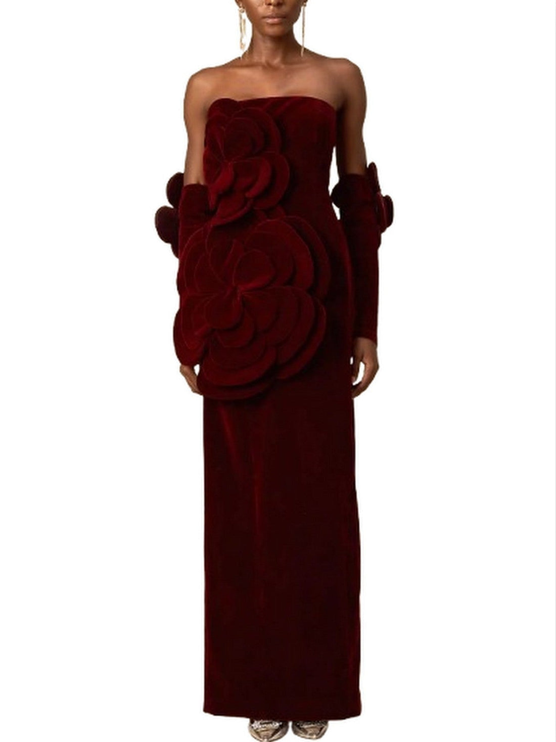 Floral Appliques Strapless Red Velvet Dress