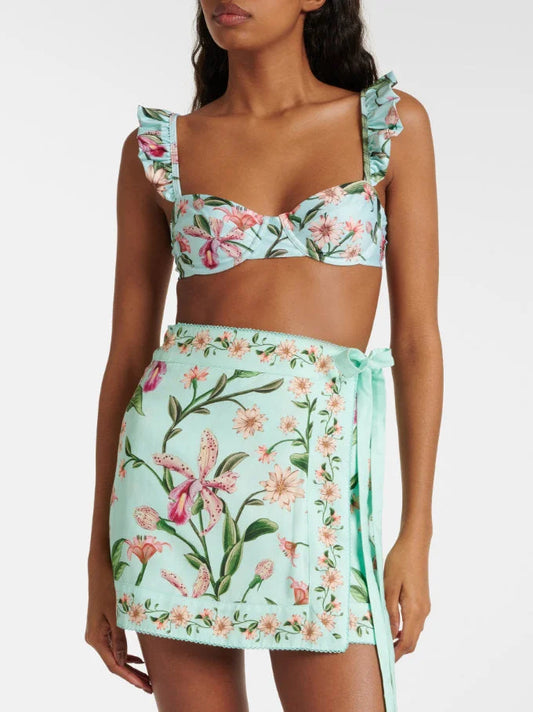 Floral Printed Wrap Mini Skirt in Turquoise