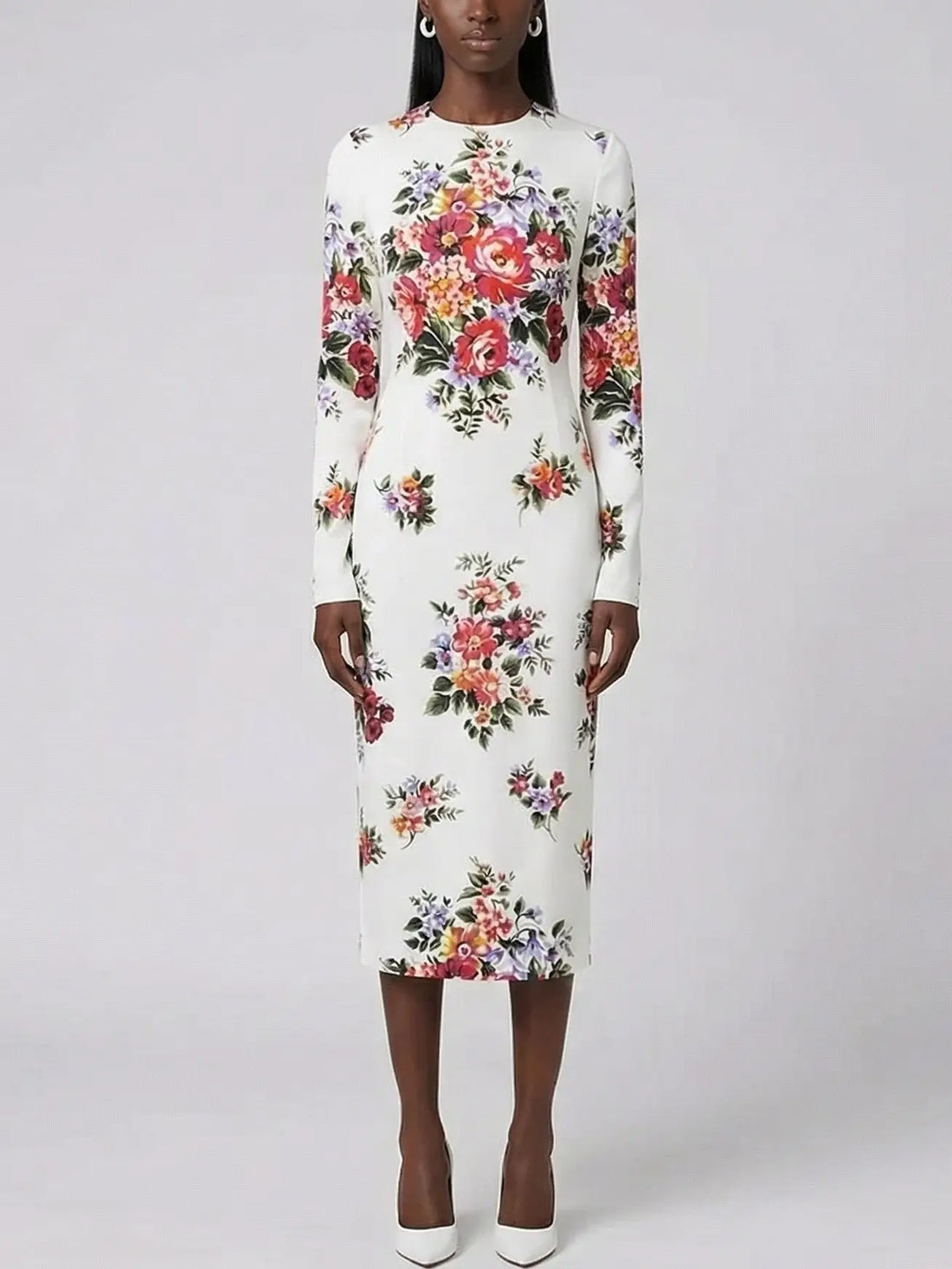 Floral Silk Long Sleeve Midi Dress in White