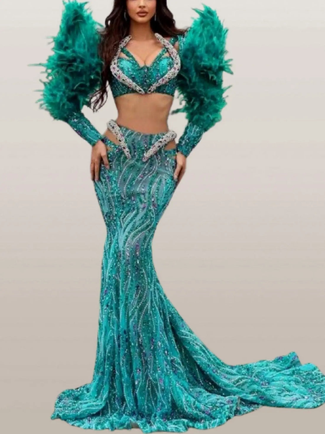 feather and sequin embellished gown in green
