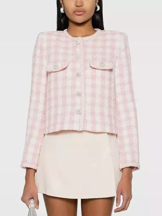 Gingham Boucle Jacket with Jewel Buttons