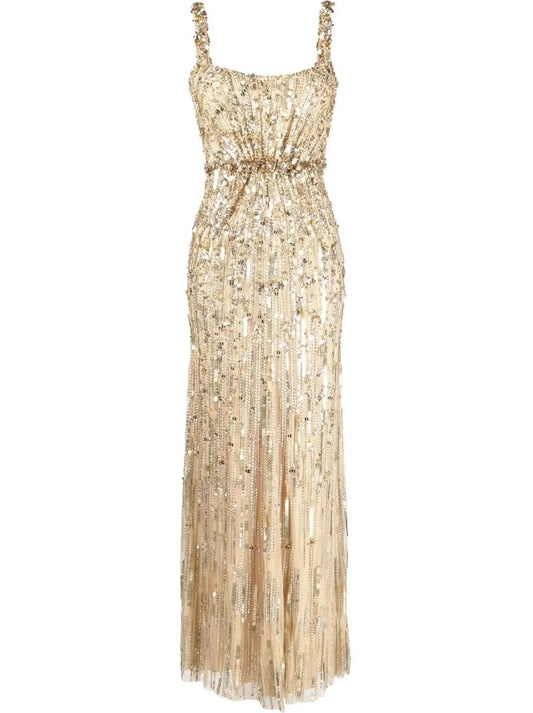Gold-Sequin-Embellished Sleeveless Satin Gown