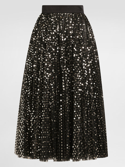 Gold Sequin-Embroidered Black Tulle Skirt