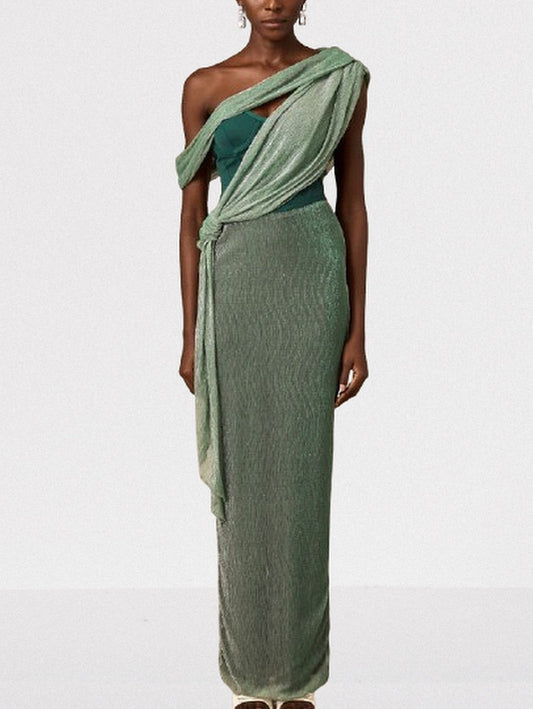 Green Corset Glitter Draped Sash Maxi Dress