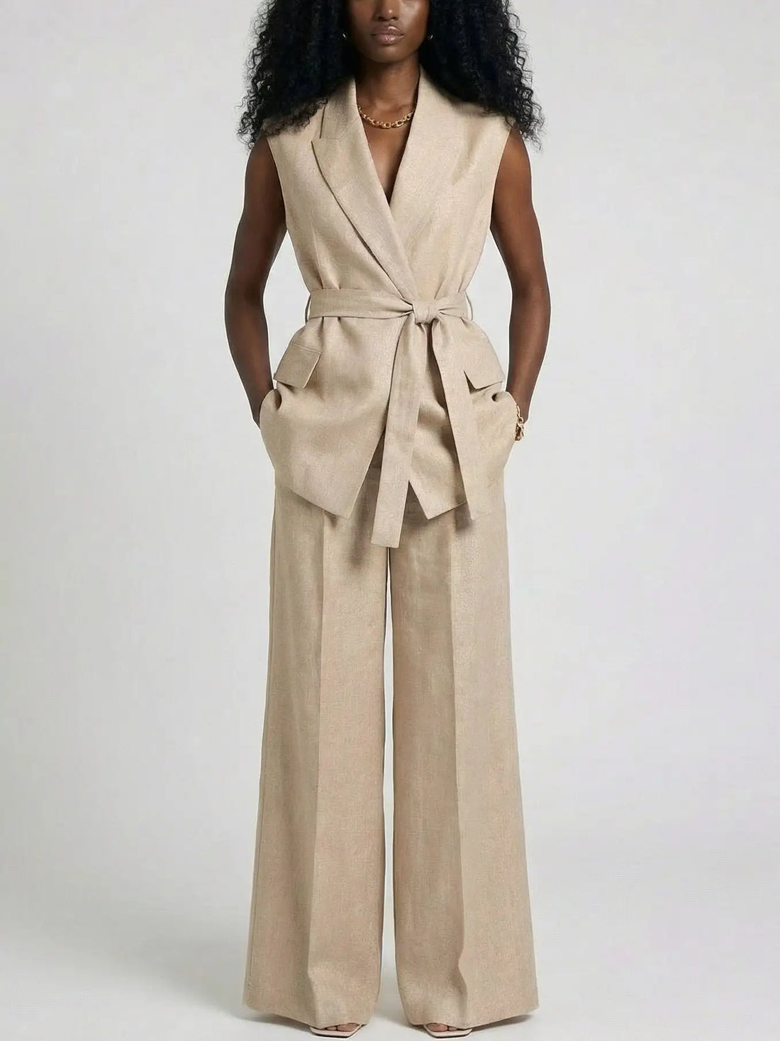 How to Dress Classy for Work-Related Events - Linen Sleeveless Blazer and Wide-Leg Trouser Set 
