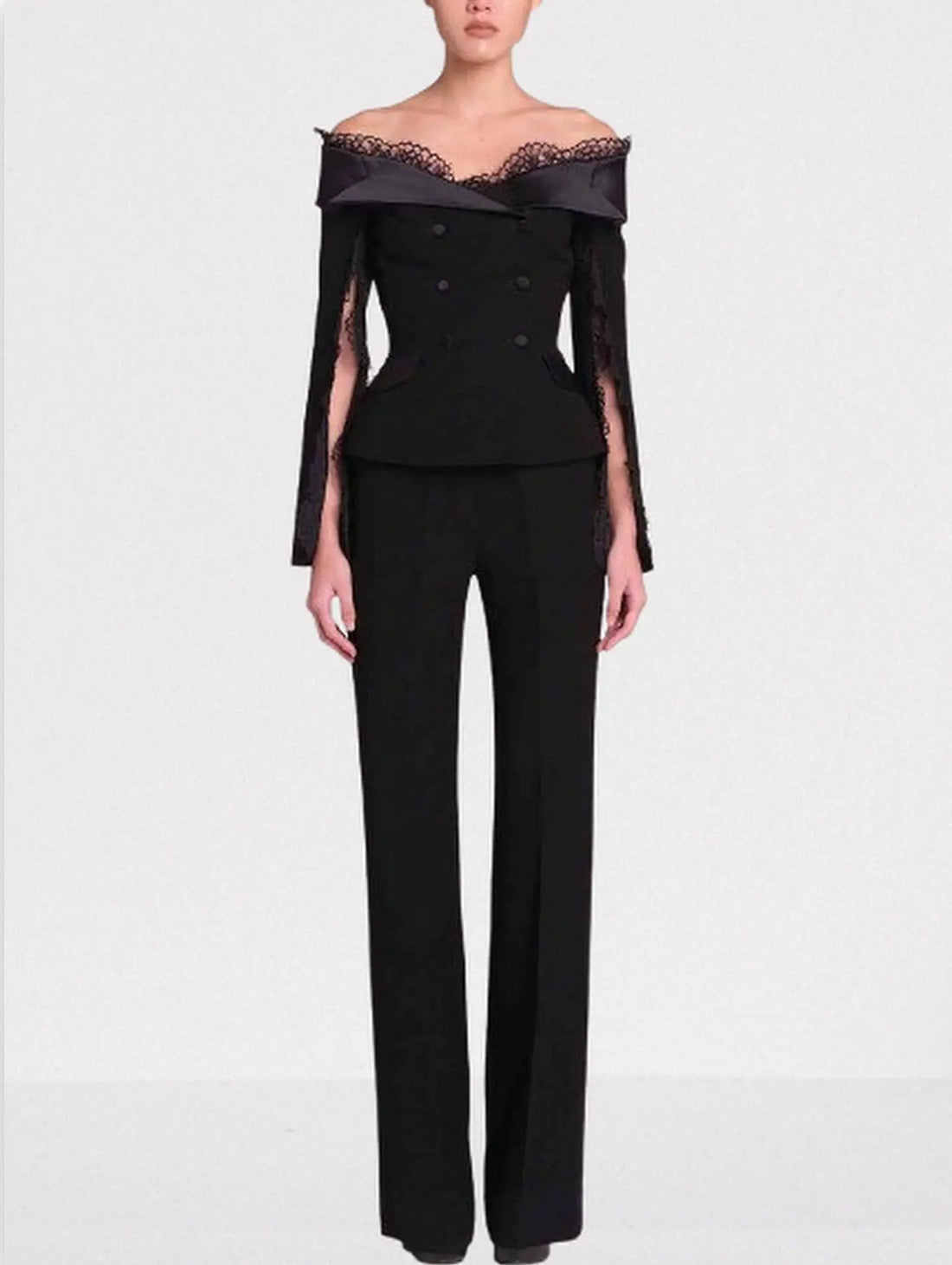 Black Off-Shoulder Jacket and Pant Suit with Lace Trim