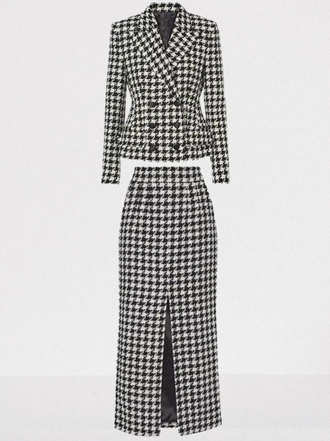 Black and White Houndstooth Tweed Blazer and Skirt Set