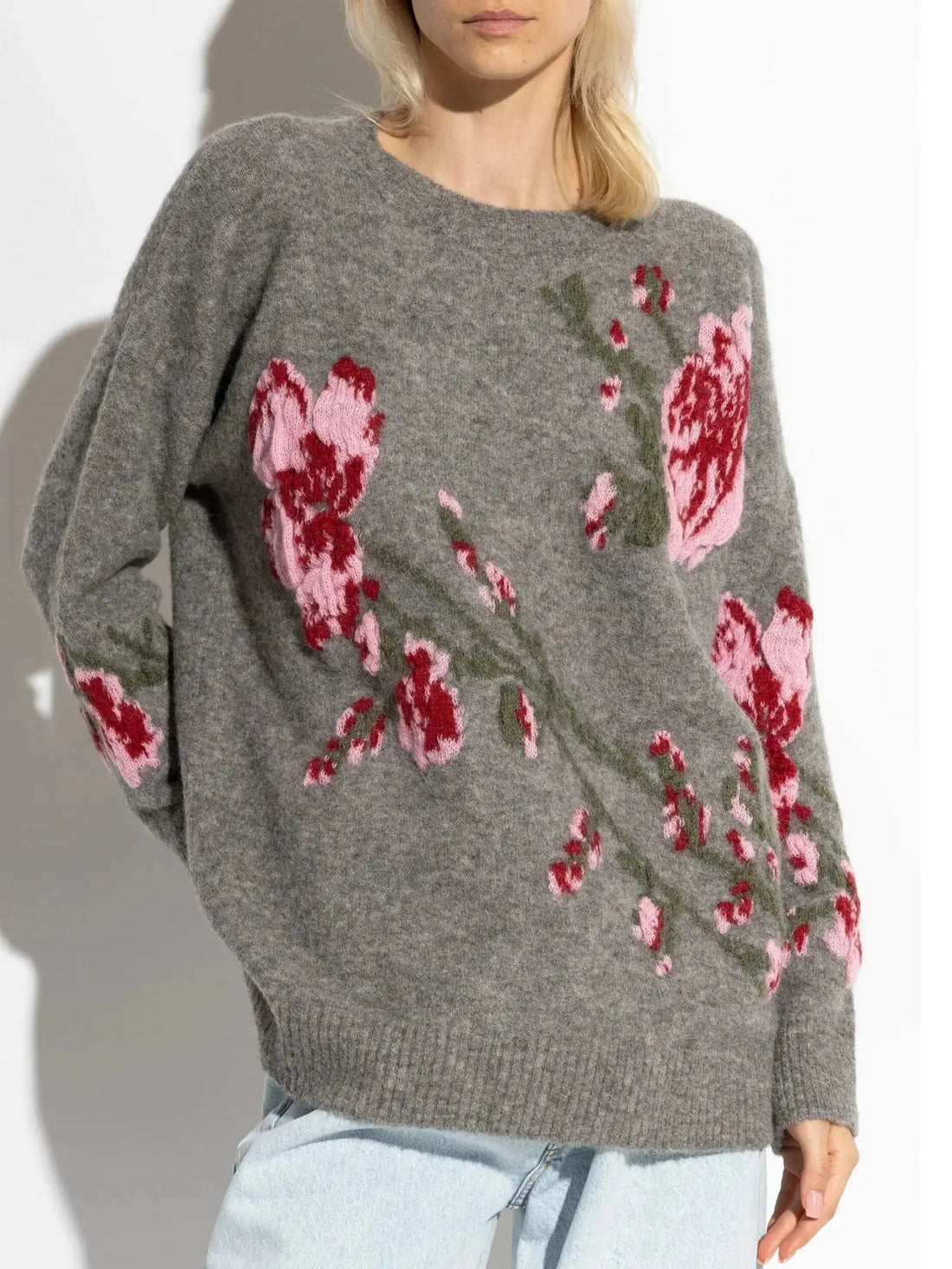 Floral Embroidered Knit Sweater in Gray