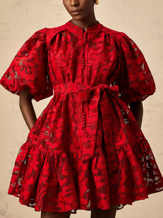 Jacquard Floral Red Puff-Sleeve Mini Dress