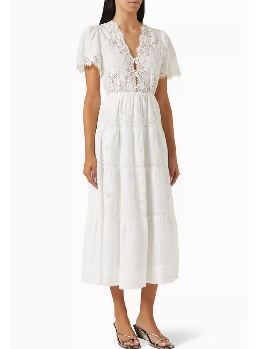 Lace-Trim Long White Ramie Dress