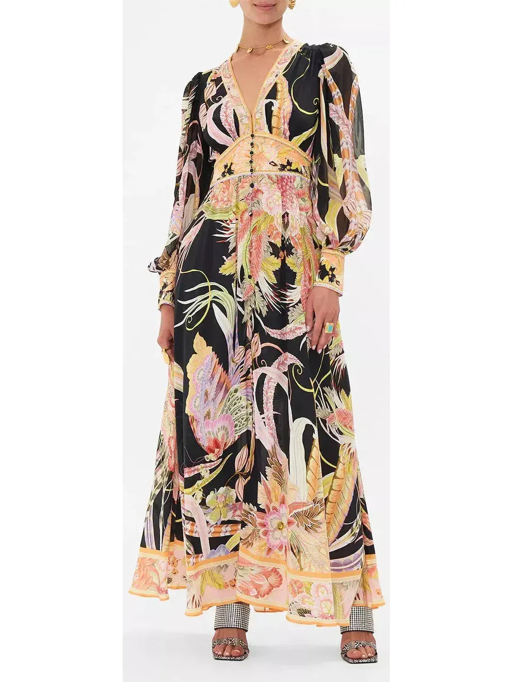 Printed Silk Shaped Waistband Dress With Gathered Sleeves