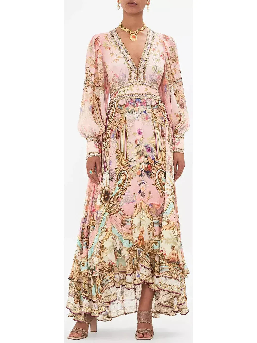 Printed Pink Long Button Front Silk Dress