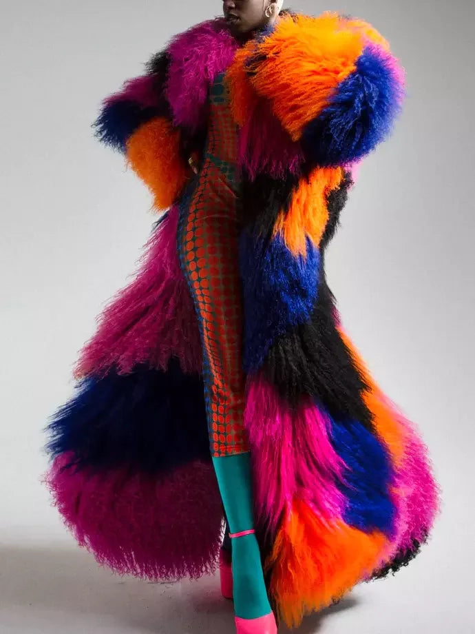 Long Full Mongolian Shearling Coat in Multi-Color