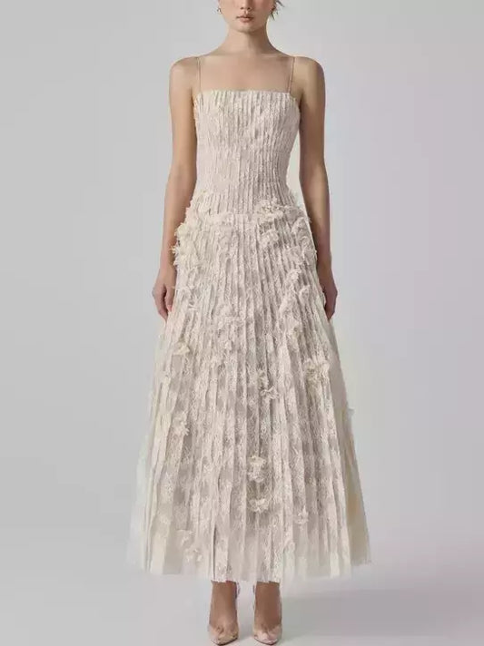 Long Pleated Sleeveless Lace Dress with Floral Appliques