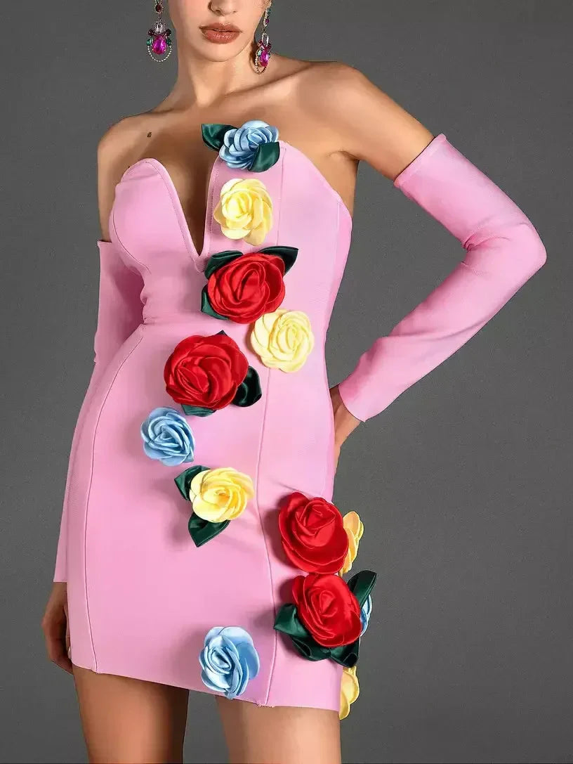 Multicolored Rose Applique Pink Strapless Mini Dress