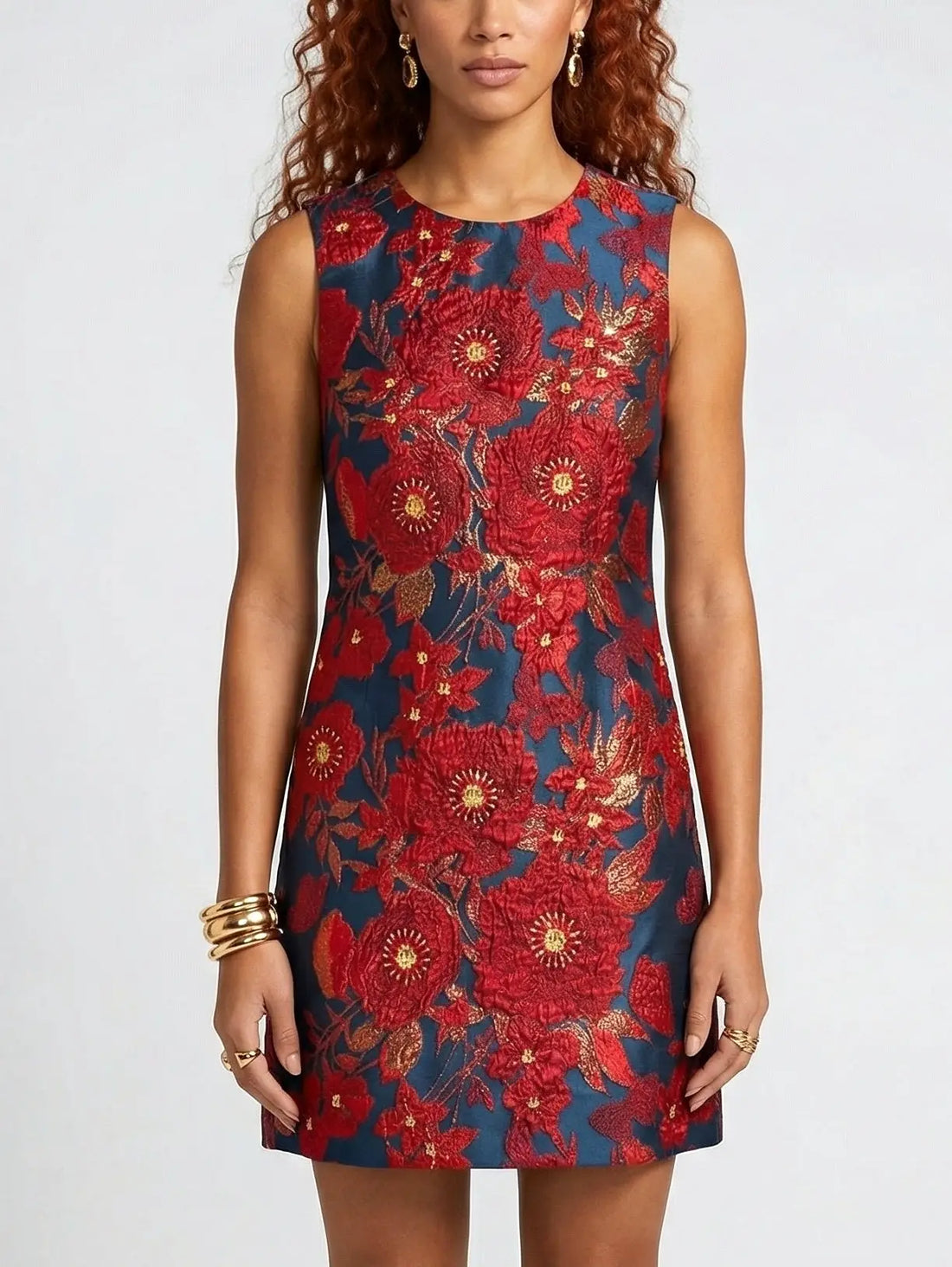 Beaded Floral Jacquard Sleeveless Mini Dress