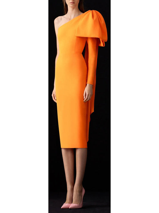 One-Shoulder Bow Fitted Midi Dress in Orange