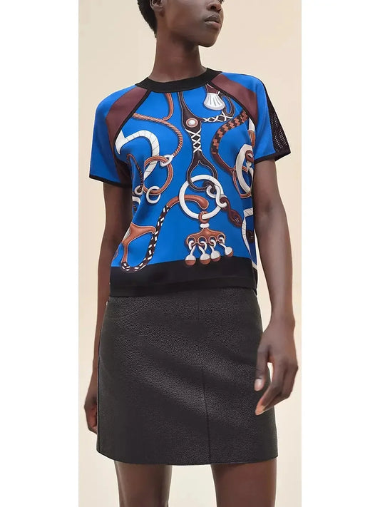 Floral Print Silk Chiffon Cropped Blouse and Skirt Set