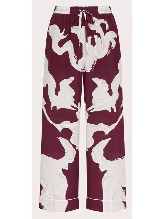 Red Crepe De Chine Metamorphos Gryphon Allover Silk Pants