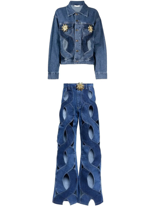 Rope Cut-Out Denim Jacket and Jean Set