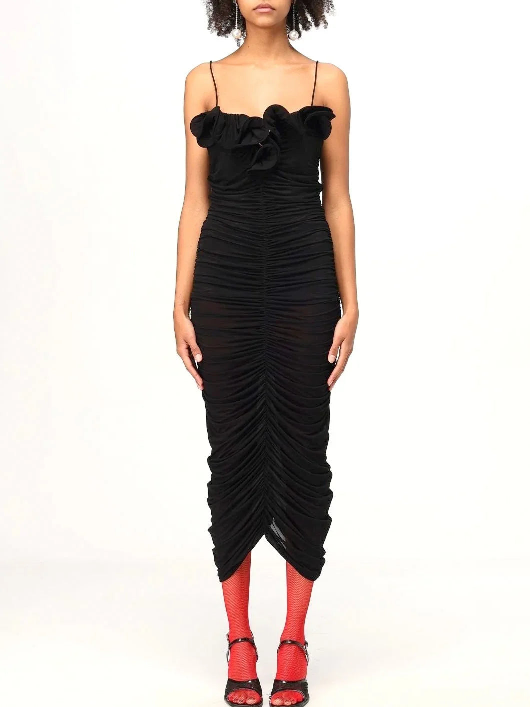 Ruffle Ruched Sleeveless Jersey Midi Dress