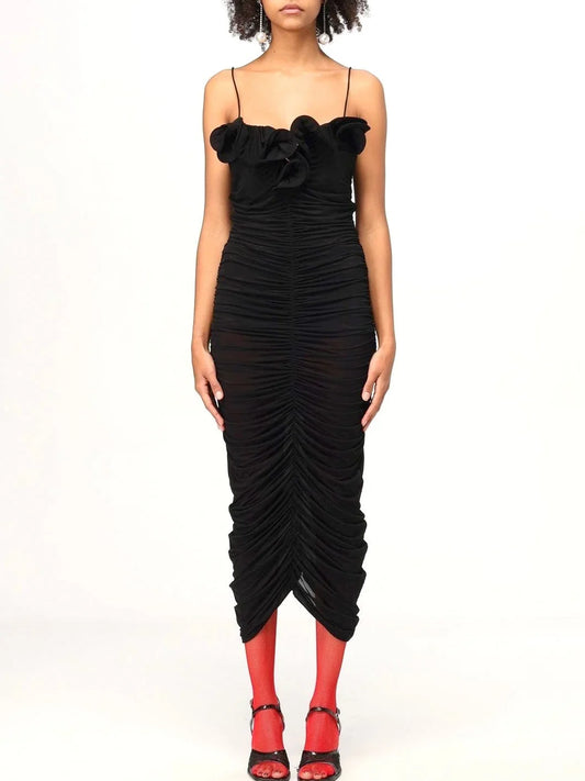 Ruffle Ruched Sleeveless Jersey Midi Dress