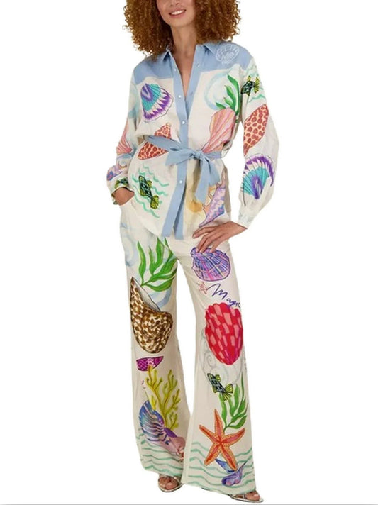 Shell Print Belted Shirt and Pant Set