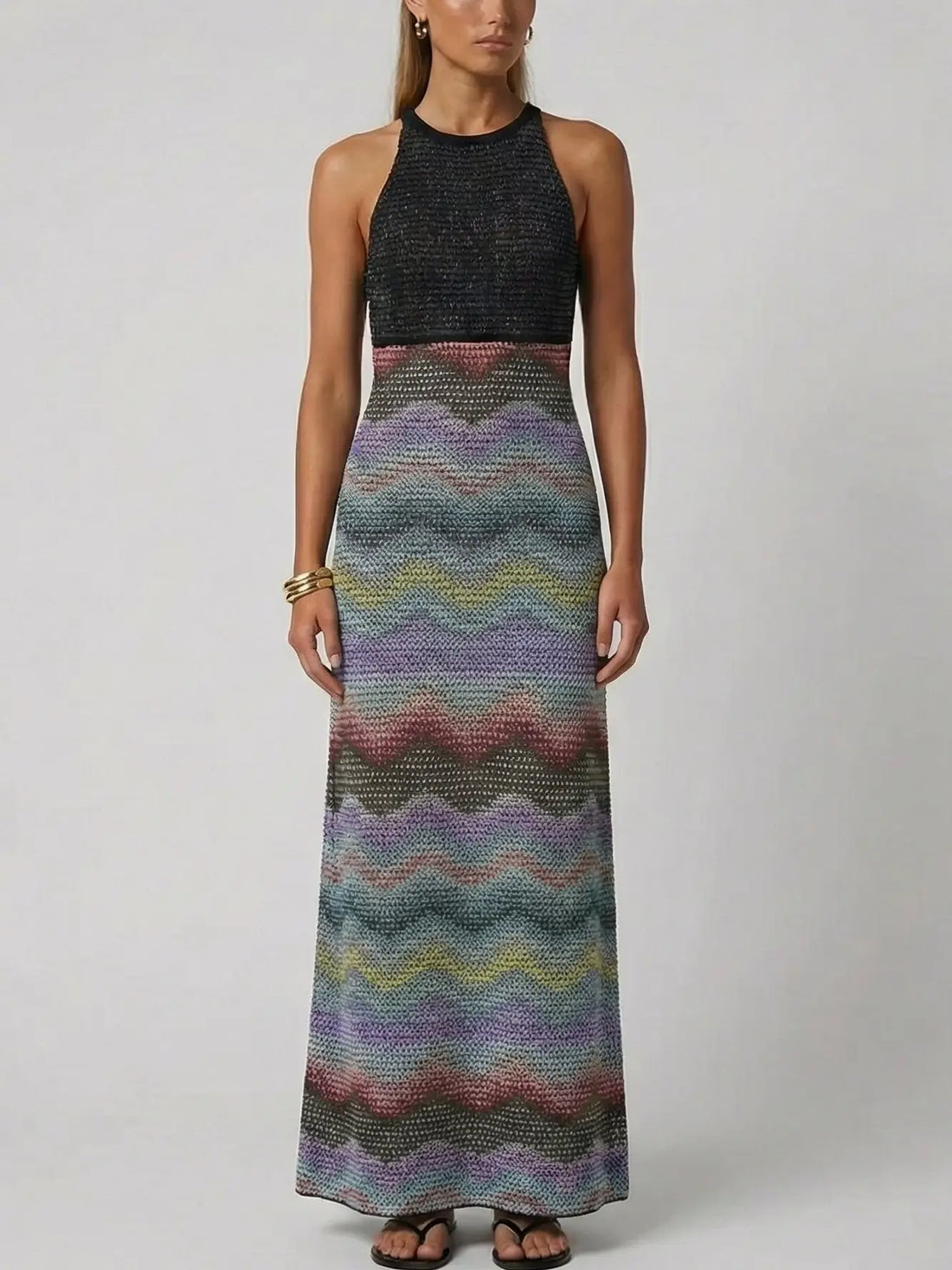 halter knit maxi dress with zig zag metallic detail
