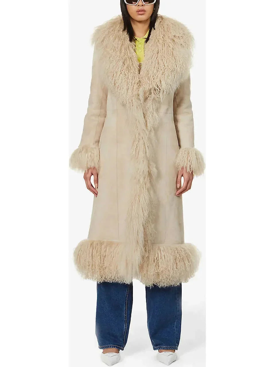 Suede and Lambswool Long Coat, Beige