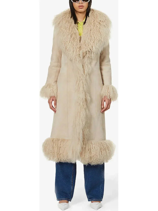 Suede and Lambswool Long Coat, Beige