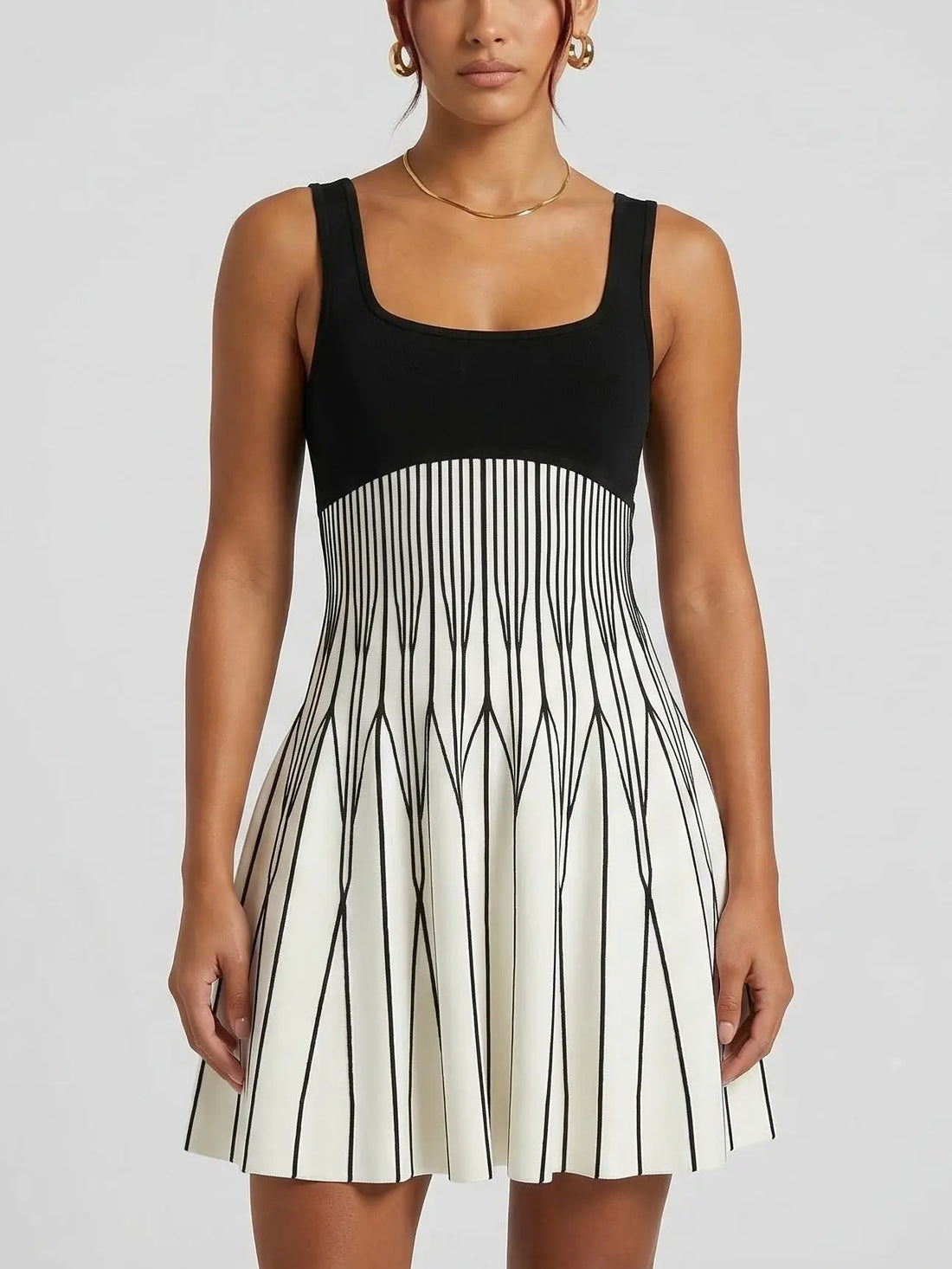 black and white geometric knit fit and flare dress