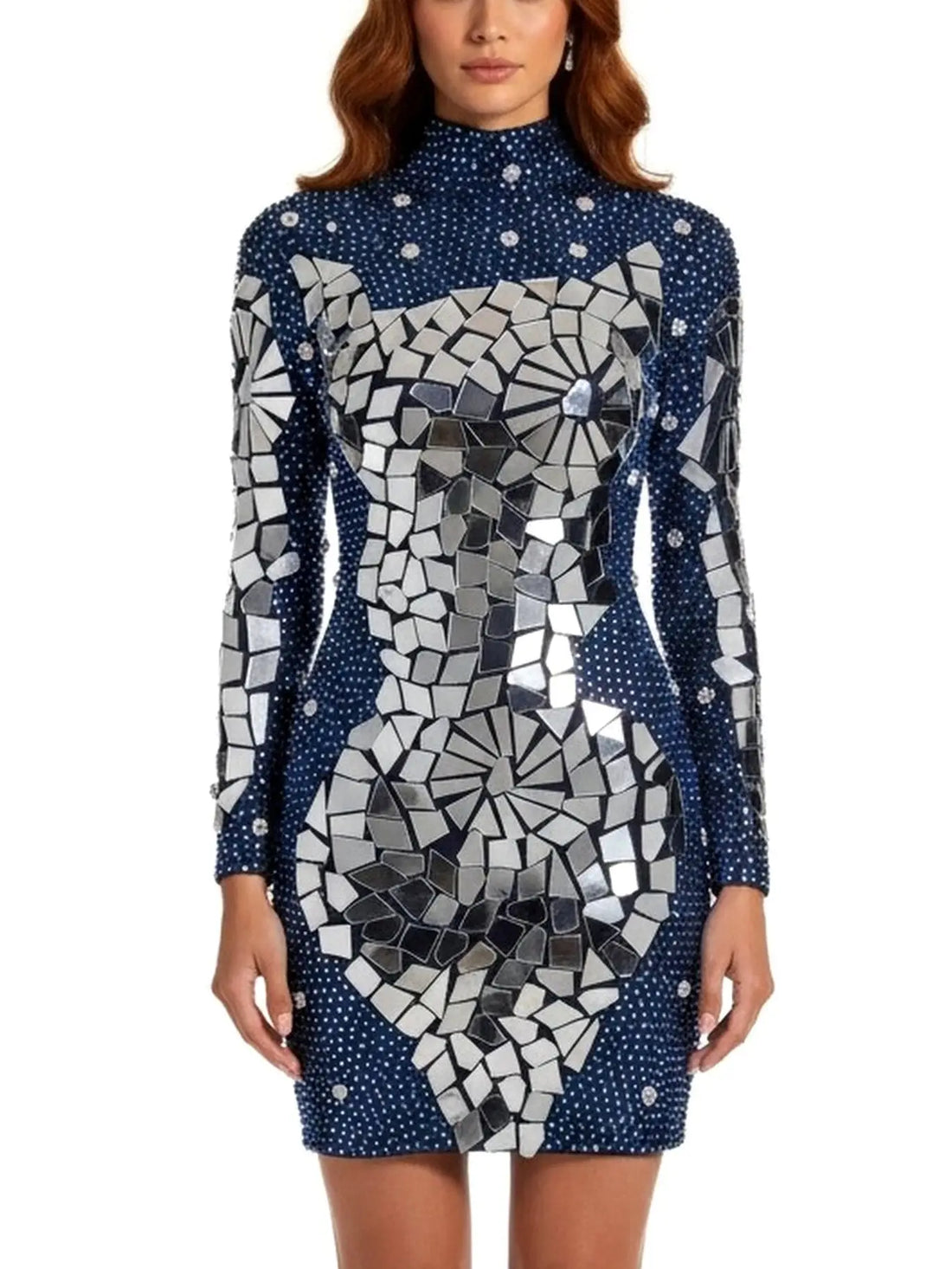 Dressing for Impact After Dark - Mirror-Appliqué Crystal-Embellished Sheer Mini Dress
