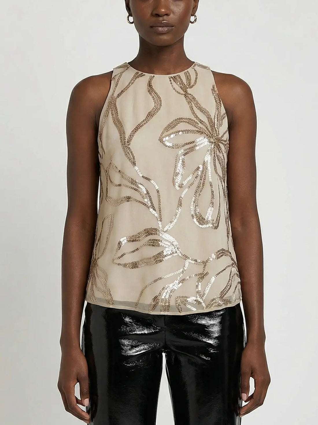 beige silk chiffon sleeveless top with subtle sequin floral detailing