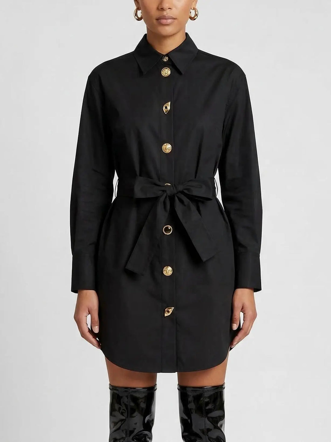 Belted Black Shirt Dress with Decorative Buttons