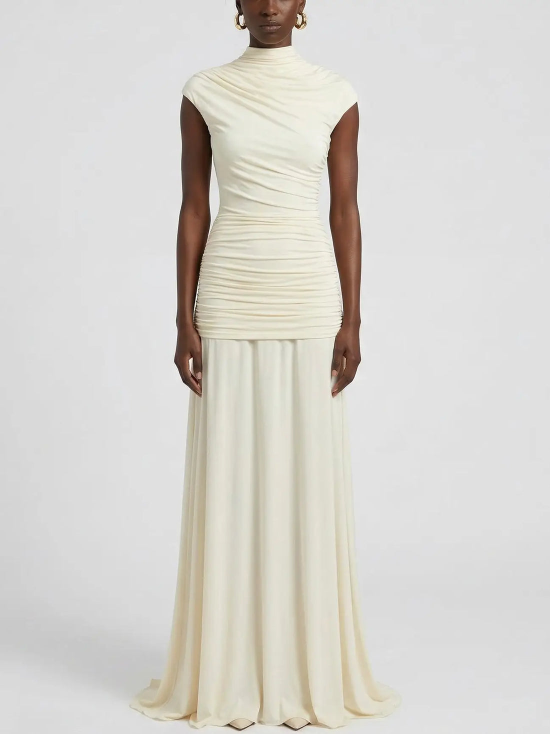 Ruched High-Neck Draped Jersey Gown