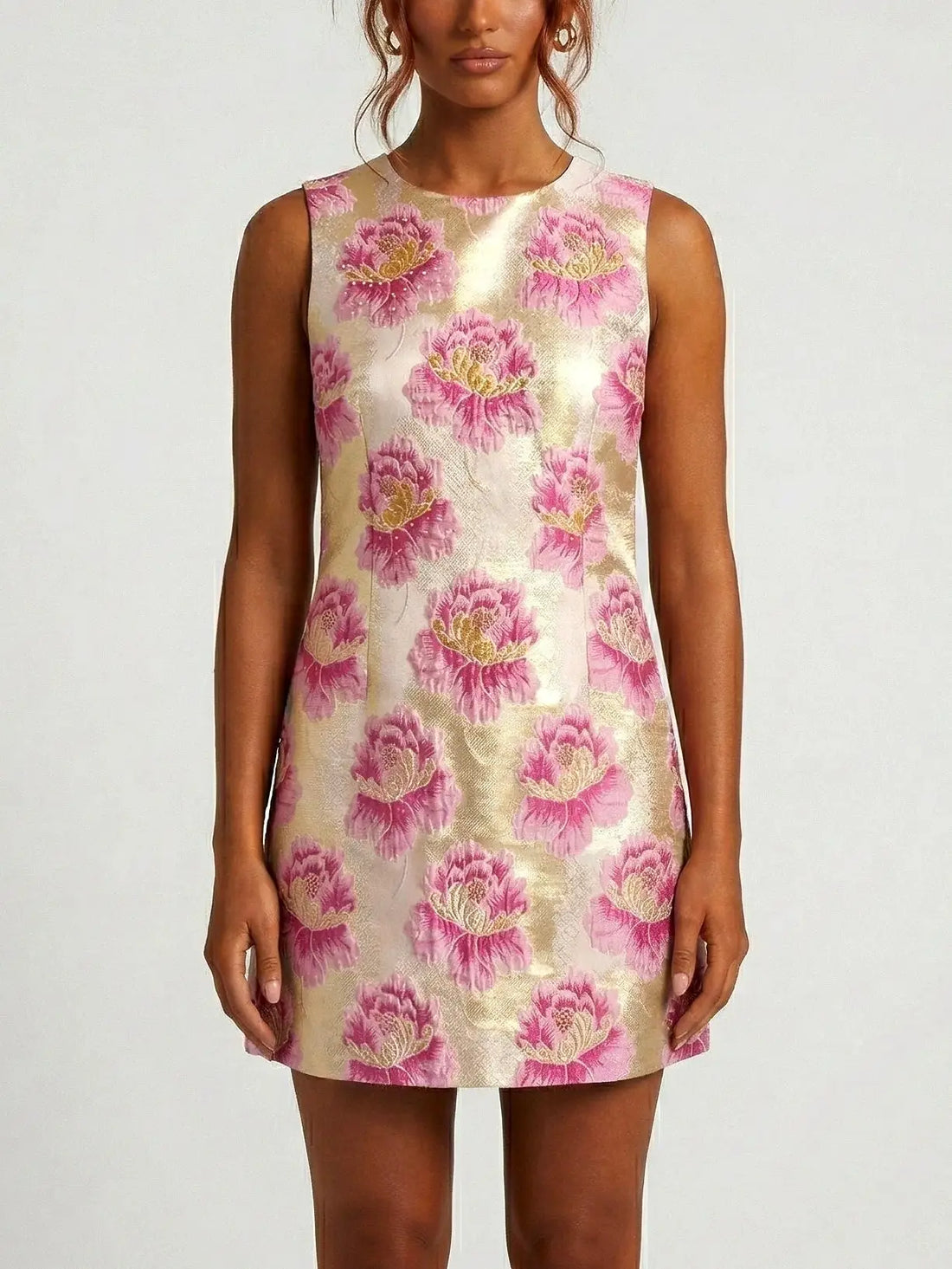 Floral Jacquard Mini Dress in Pink and Gold