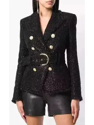 Sparkly black double-breasted blazer with silver buttons at Branna Couture.