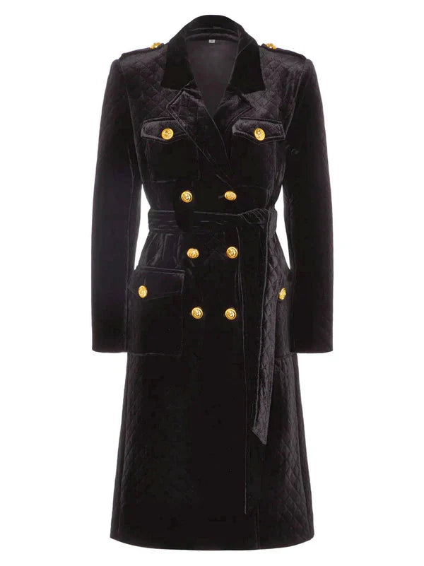 Black velvet double-breasted trench coat with gold buttons from Branna Couture