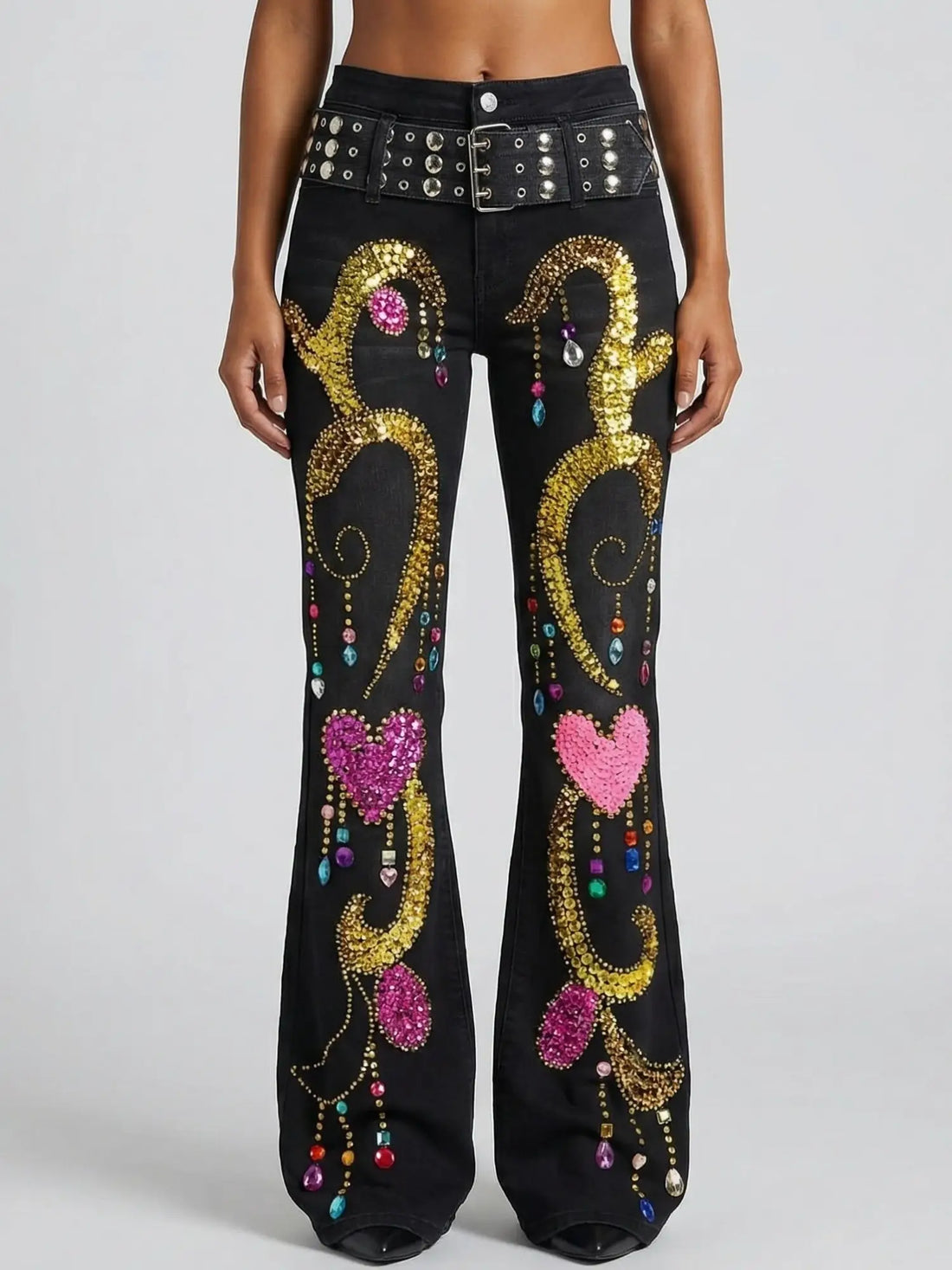 Crystal-Embellished Black Flared Jeans with Studded Belt