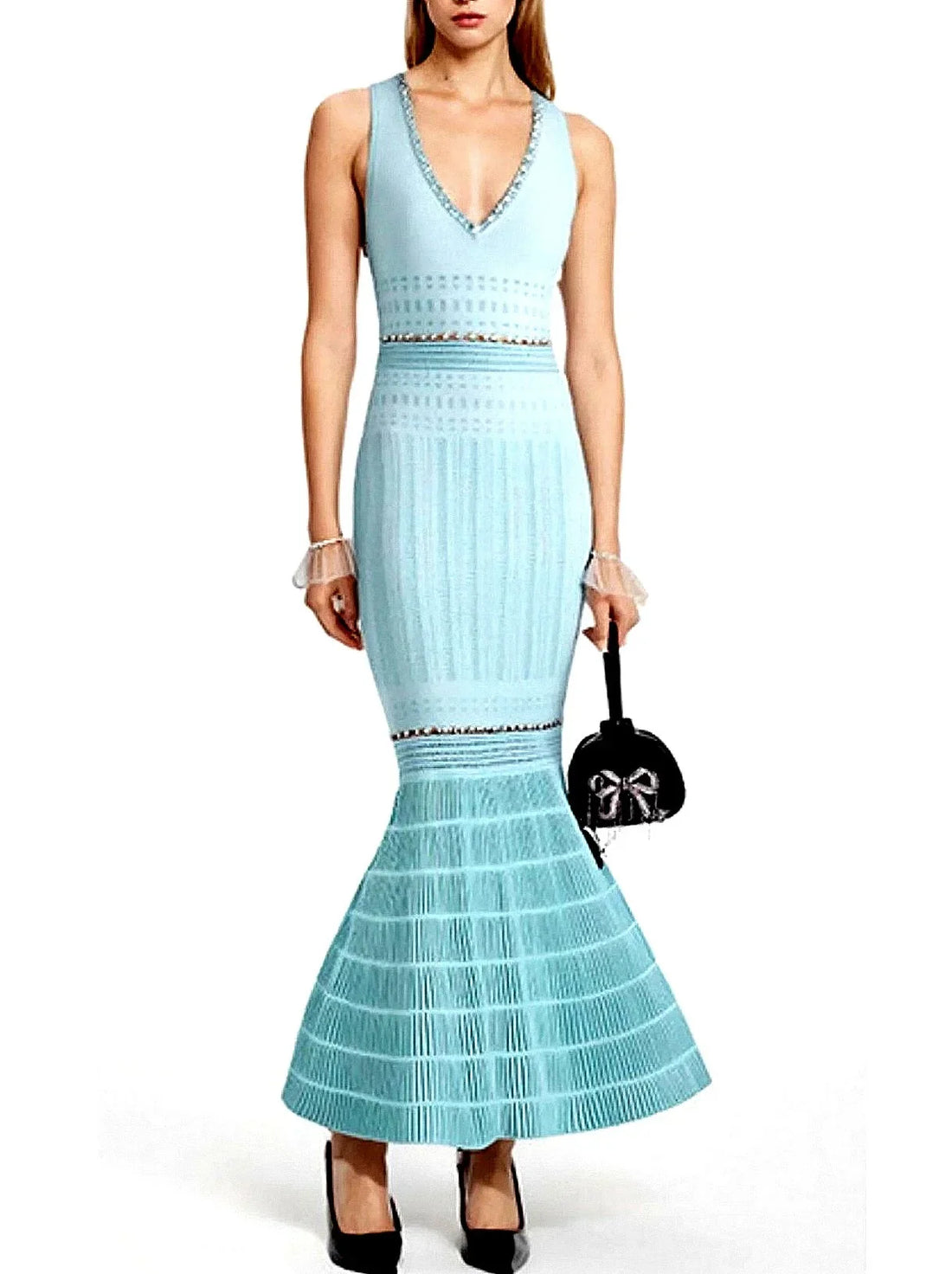 V-Neck Sleeveless Knit Maxi Dress in Light Blue