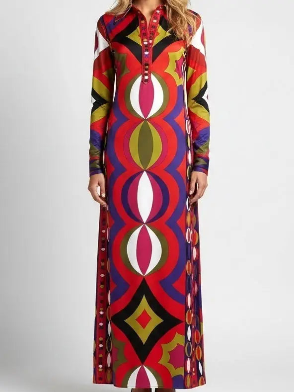 Retro Multicolor Jersey Silk Maxi Dress