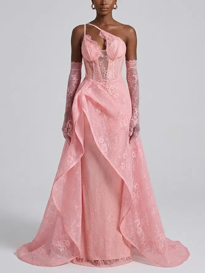 Pink Floral Lace Corset Maxi Dress with Draped Overskirt