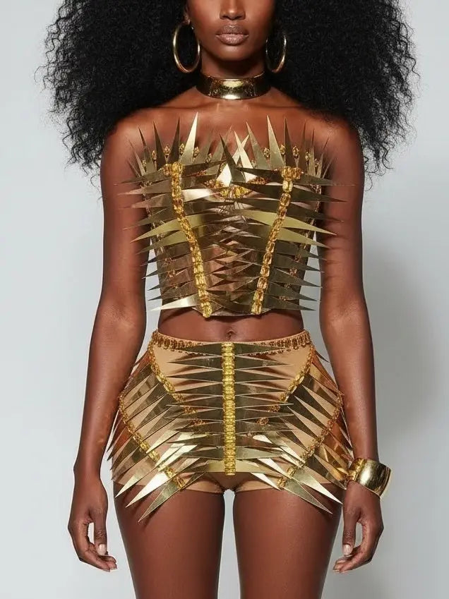 Gold Sculptural Corset Top and High-Waist Short Set