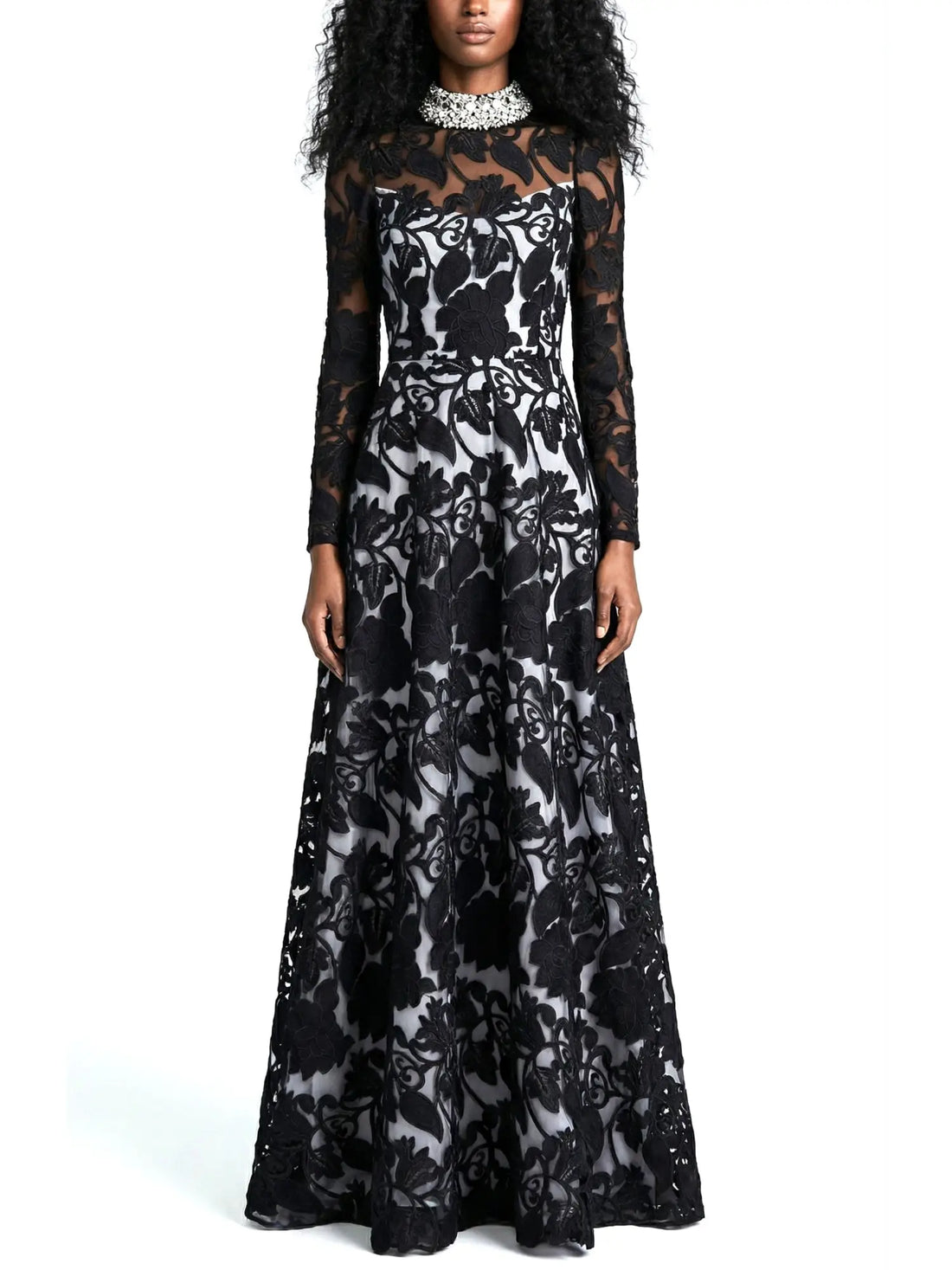 Black Embroidered Lace Gown with Crystal Collar