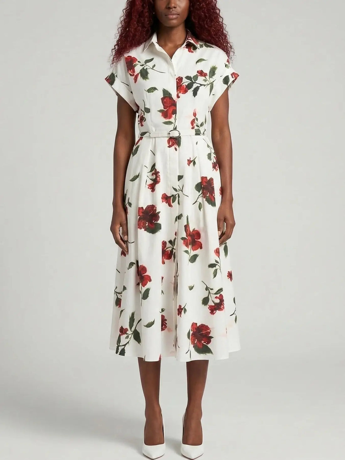 White Floral Print Belted Midi Shirt Dress