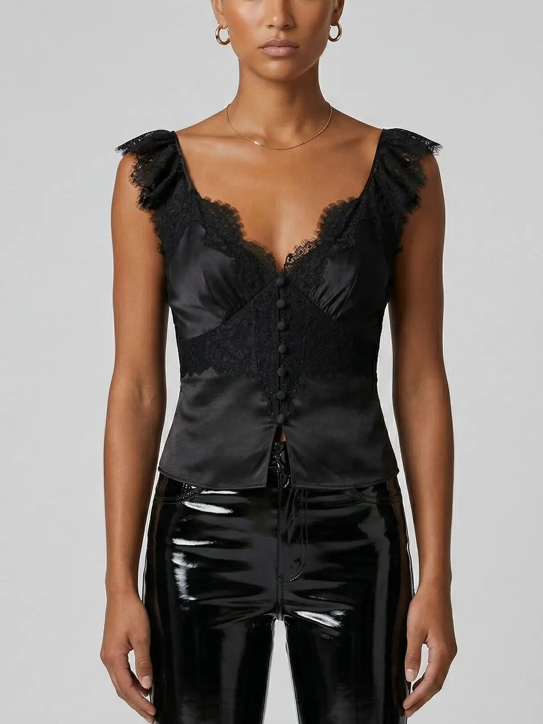 Black Satin Lace V-Neck Button Front Top