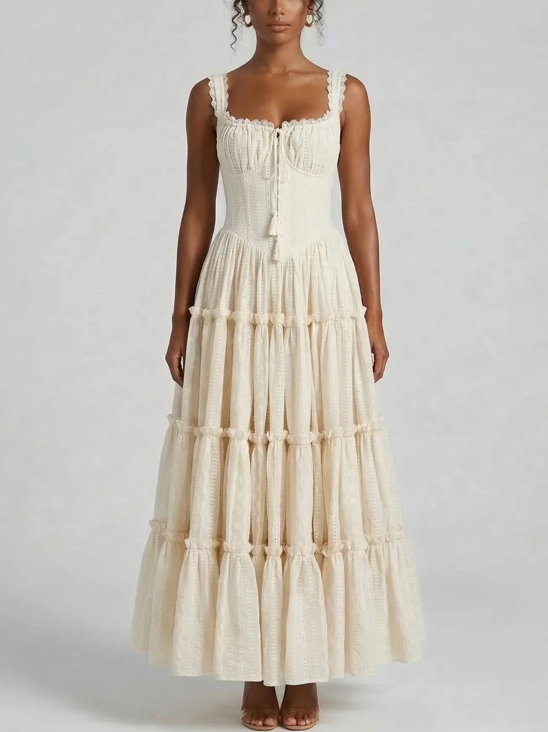 Lace Trim Corset Tiered Maxi Dress