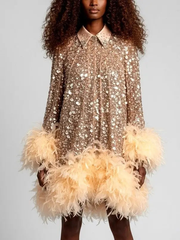 Sequin Feather-Trim Mini Dress