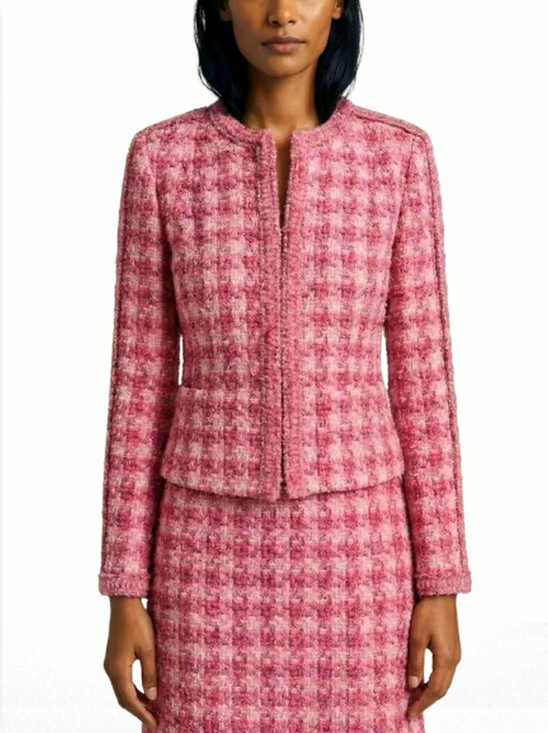 pink collarless tweed jacket with structured tailoring
